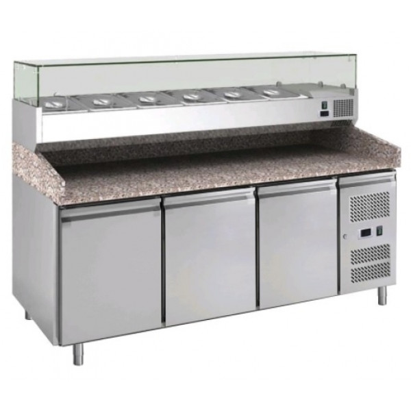 Tavolo refrigerato/Banco Pizza TN con vetrina porta ingredienti Modello PZ3600TN33-FC in acciaio inox AISI 210 Ventilato 3 porte refrigerate
