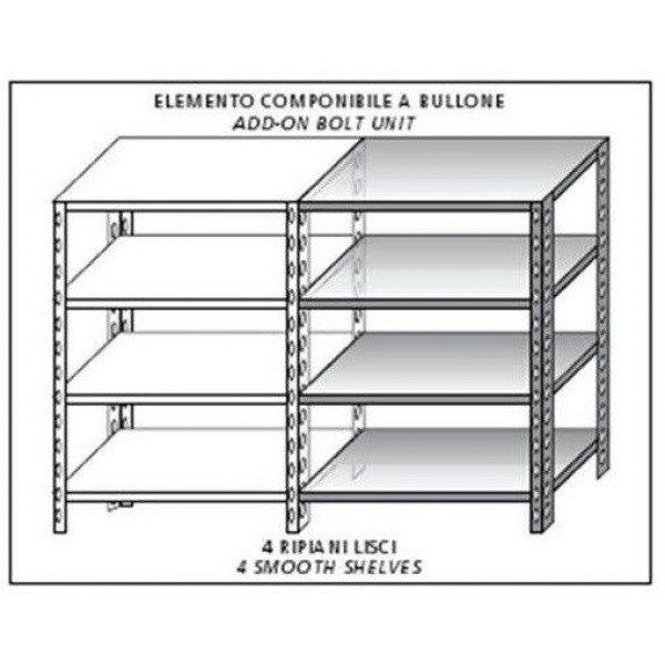 Scaffali inox a bullone IXP 4 ripiani lisci Elemento componibile Da aggiungere ad elemento già esistente NON UTILIZZABILE DA SOLO Finitura lucida Modello SC320LC