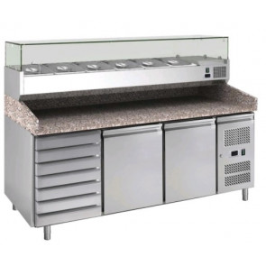 Tavolo refrigerato/Banco Pizza TN con vetrina porta ingredienti Modello PZ2610TN38-FC in acciaio inox AISI 210 Ventilato 2 porte refrigerate + 1 cassettiera neutra con 7 cassetti