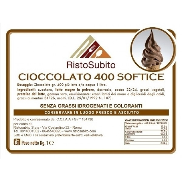 Preparato già aromatizzato in polvere per Gelato Soft/Cioccolato/400 senza grassi idrogenati Buste da gr 1000 in cartoni da 15 buste Modello 42