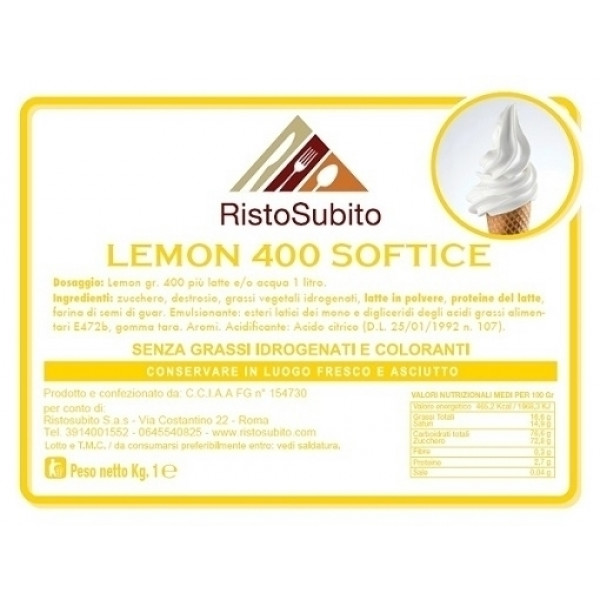 Preparato già aromatizzato in polvere per Gelato Soft/Lemon/400 senza grassi idrogenati Buste da gr 1000 in cartoni da 15 buste Modello 43
