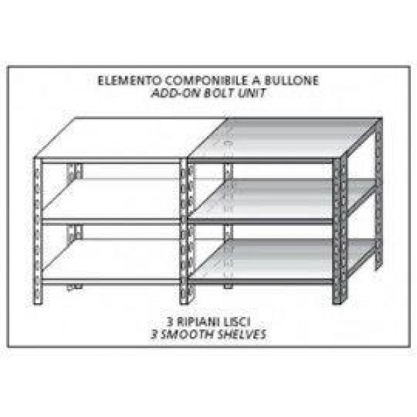 Scaffali inox a bullone IXP 3 ripiani lisci Elemento componibile Da aggiungere ad elemento già esistente NON UTILIZZABILE DA SOLO Finitura lucida Modello SC515LC