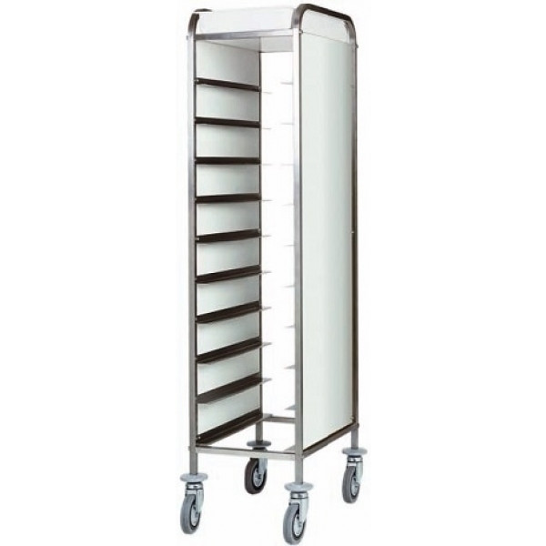 Carrello portavassoi Modello CA1450P Struttura in acciaio inox Guide in acciaio inox Pannellato laterale in perfex bianco Portata n. 10 vassoi GN 1/1 (cm 53x32,5)