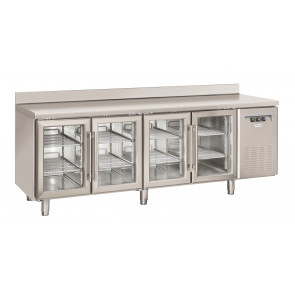 Tavolo Refrigerato in acciaio inox con alzatina Modello SRG4200 Refrigerazione ventilata 4 Porte autochiudenti in vetro