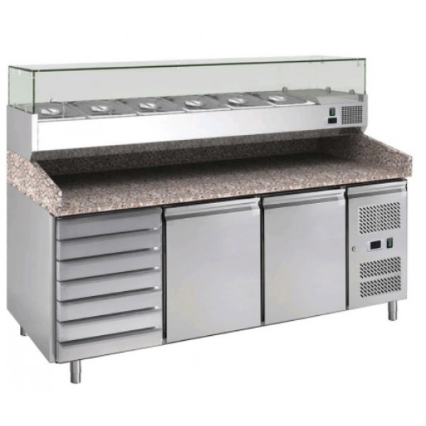 Tavolo refrigerato/Banco Pizza TN con vetrina porta ingredienti Modello PZ2610TN33-FC in acciaio inox AISI 210 Ventilato 2 porte refrigerate + 1 cassettiera neutra con 7 cassetti