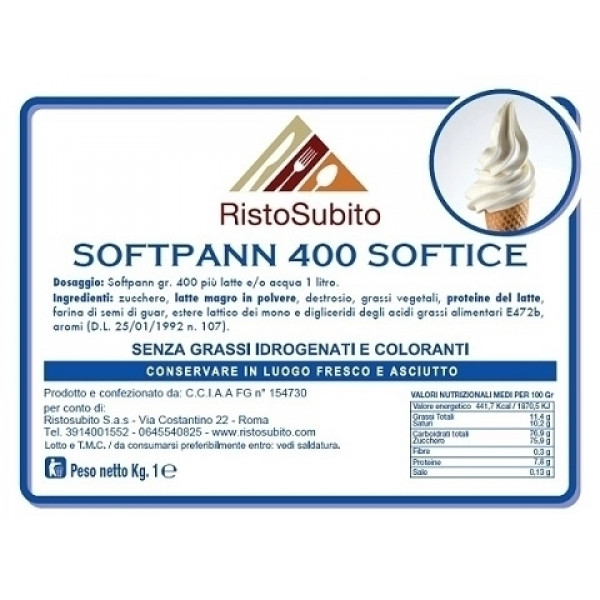 Preparato già aromatizzato in polvere per Gelato Soft/Softpanna/400 senza grassi idrogenati Buste da gr 1000 in cartoni da 15 buste Modello 40