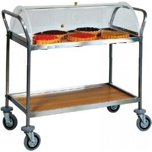 Carrello di servizio Modello CA1152 per dolci, formaggi e antipasti. Acciaio e nobilitato noce 2 piani